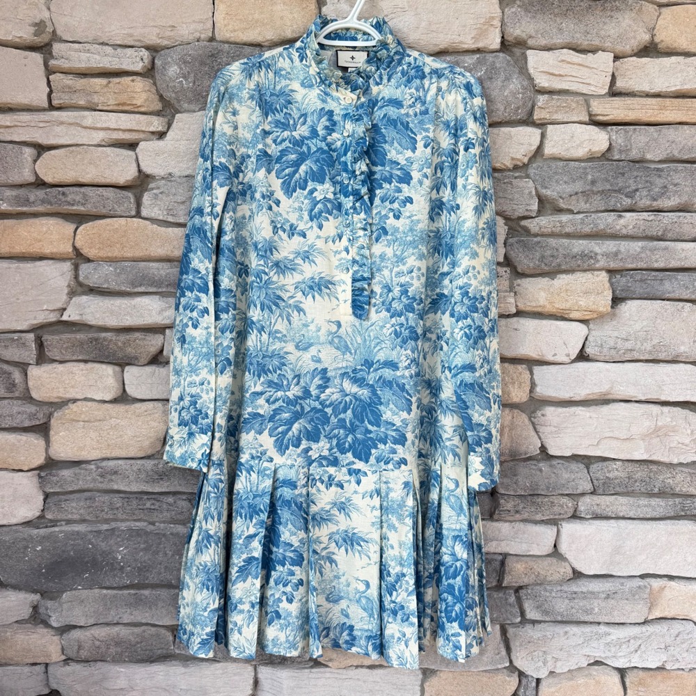 Tuckernuck Misty Blue Toile Tate Dress Size XL Linen Blend Excellent Condition